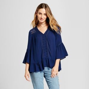 NEW! John Paul Richard Peasant Boho Tunic Lace Yolk Velvet Peasant Blouse, Blue